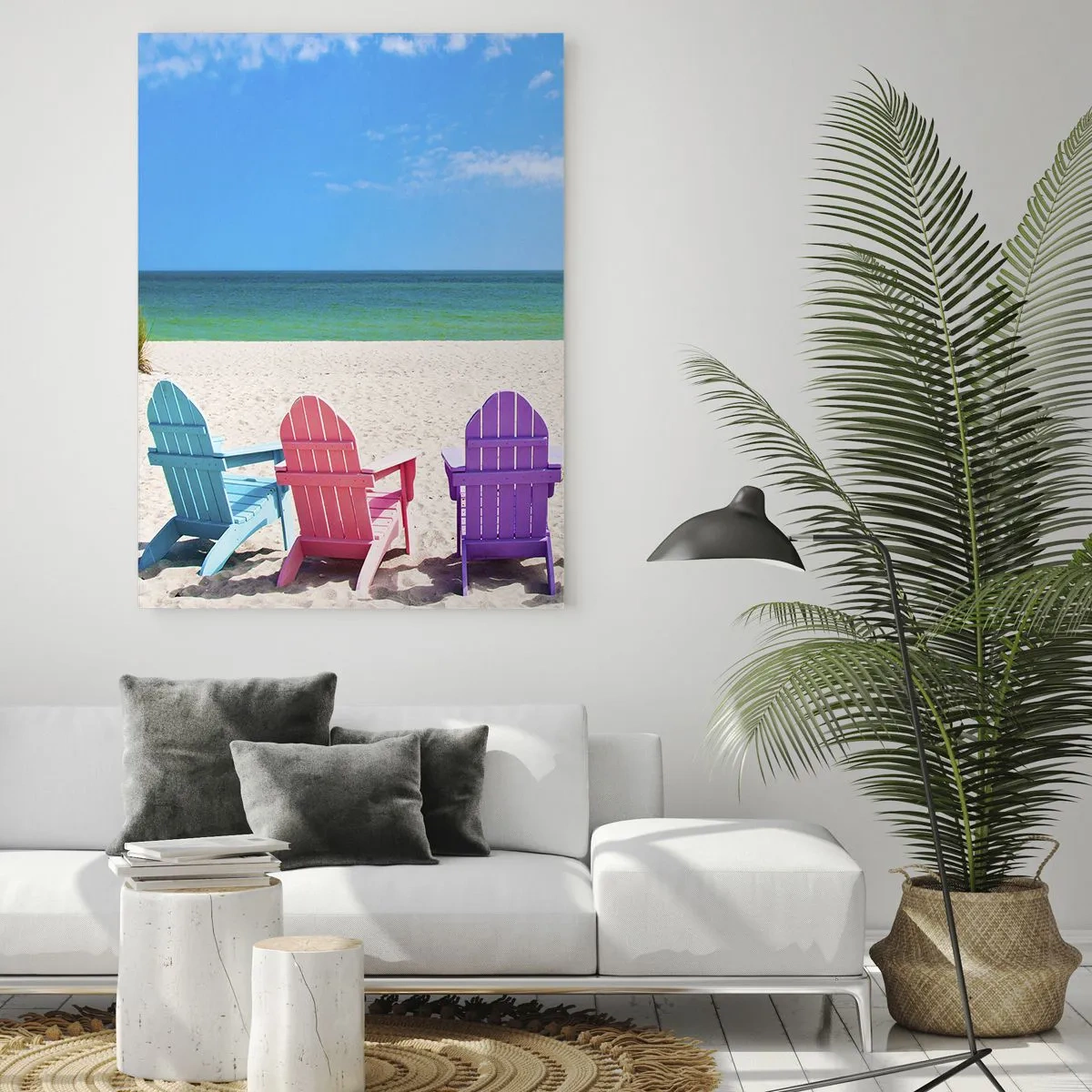 Impression sur verre - Image sur verre - Chaises colorées sur une plage de sable avec vue sur la mer - 50x70cm - Plage arc-en-ciel - Décoration murale moderne pour le salon et la chambre ARTTOR