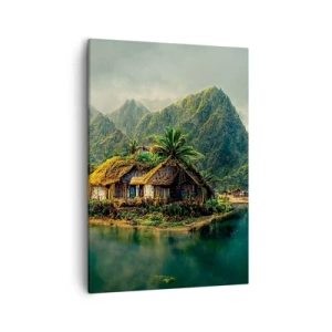Impression sur toile - Image sur toile - Une île tropicale avec des palmiers et des montagnes en arrière-plan - 50x70cm - Paradis tropical - Décoration murale moderne pour le salon et la chambre ARTTOR