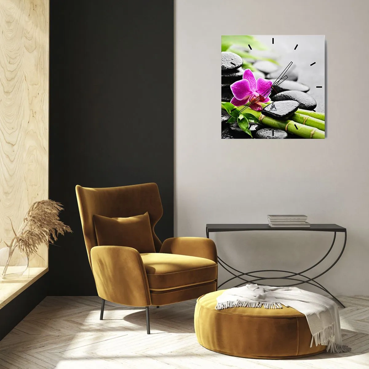 Horloge murale - Pendule murale - Orchidée violette, pierres noires et bambou dans une composition tranquille - 30x30cm - Dans un équilibre de calme - Décoration murale moderne pour le salon et la chambre ARTTOR