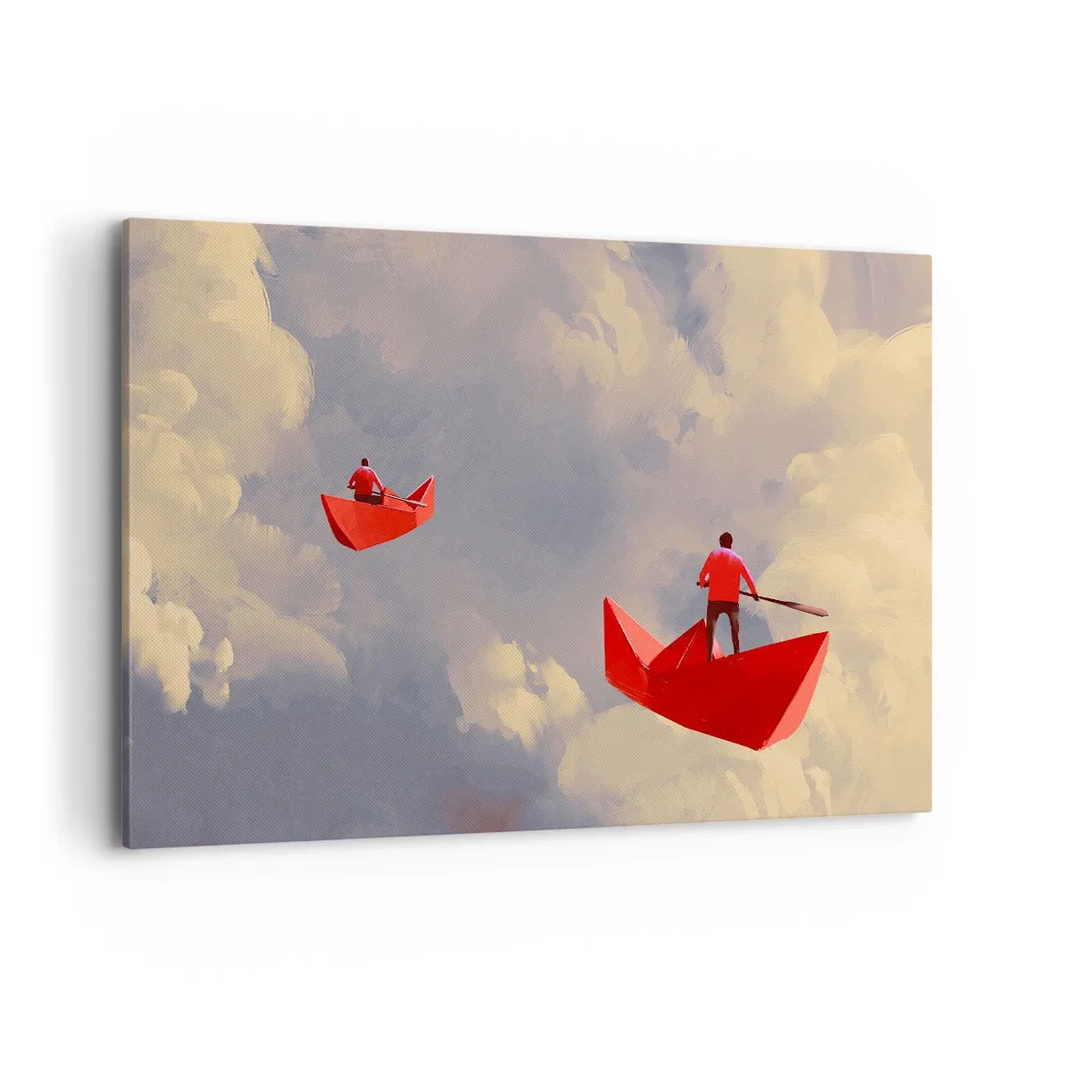 Impression sur toile - Image sur toile - Bateaux en papier rouges flottant dans les nuages - 100x70cm - Expédition des Rêveurs - Décoration murale moderne pour le salon et la chambre ARTTOR