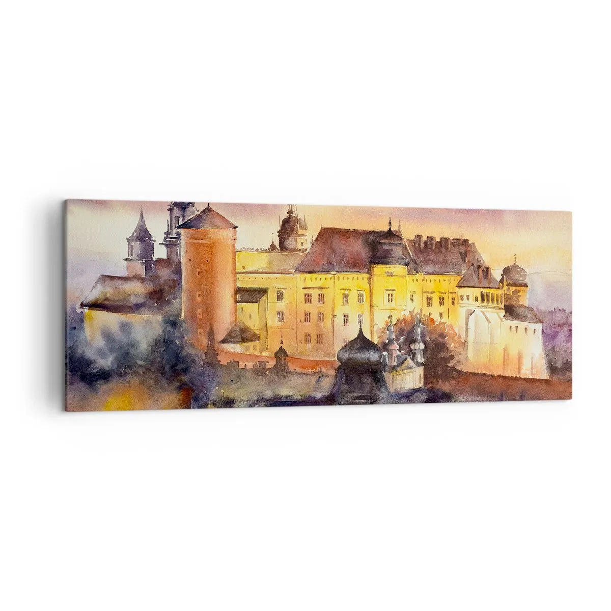 Impression sur toile - Image sur toile - Une aquarelle pittoresque d'un château au coucher du soleil - 140x50cm - Histoire et conte de fées - Décoration murale moderne pour le salon et la chambre ARTTOR