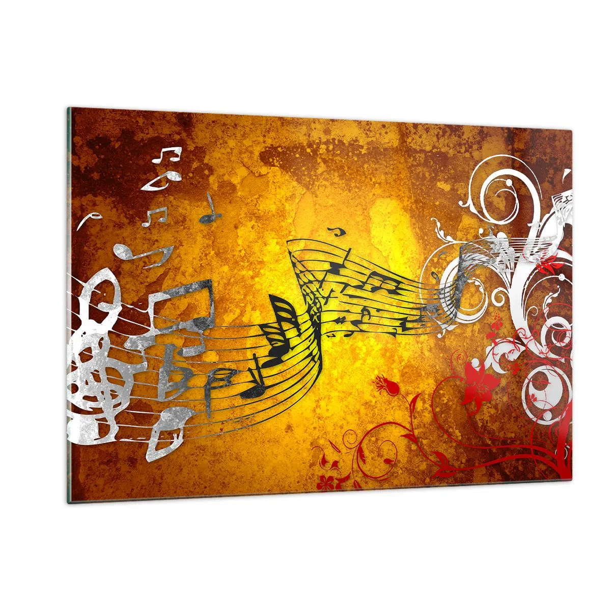 Impression sur verre - Image sur verre - Motifs musicaux sur fond d'ornements dorés - 120x80cm - Que la musique coule - Décoration murale moderne pour le salon et la chambre ARTTOR