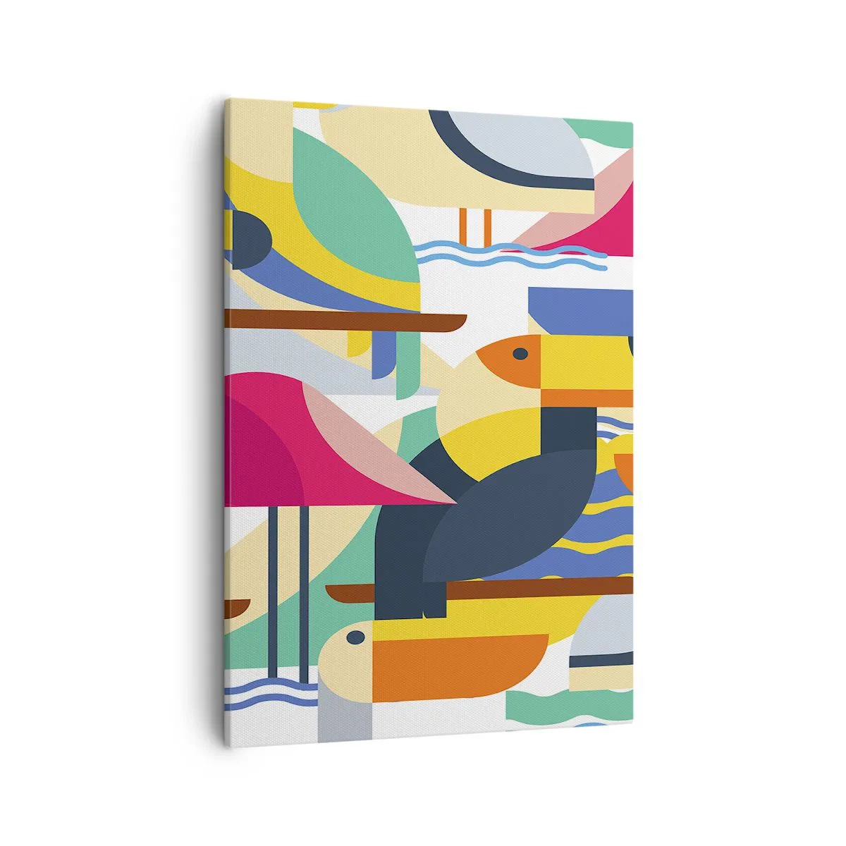 Impression sur toile - Image sur toile - Oiseaux colorés dans une composition abstraite et géométrique - 50x70cm - Fête des oiseaux - Décoration murale moderne pour le salon et la chambre ARTTOR