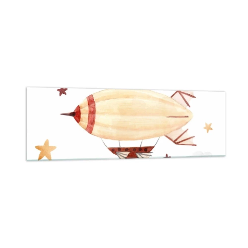 Impression sur verre - Image sur verre - Un dirigeable peint à la main sur fond d'étoiles - 160x50cm - Dirigeable - Décoration murale moderne pour le salon et la chambre ARTTOR