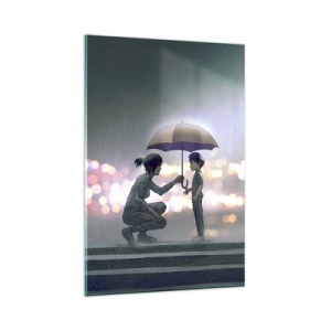 Impression sur verre - Image sur verre - Une silhouette avec un parapluie protégeant un enfant sur fond de lumières nocturnes. - 80x120cm - Et maintenant, tout va bien - Décoration murale moderne pour le salon et la chambre ARTTOR