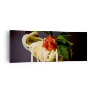 Impression sur toile - Image sur toile - Spaghettis à la fourchette avec sauce tomate et persil - 140x50cm - Une bouchée savoureuse - Décoration murale moderne pour le salon et la chambre ARTTOR