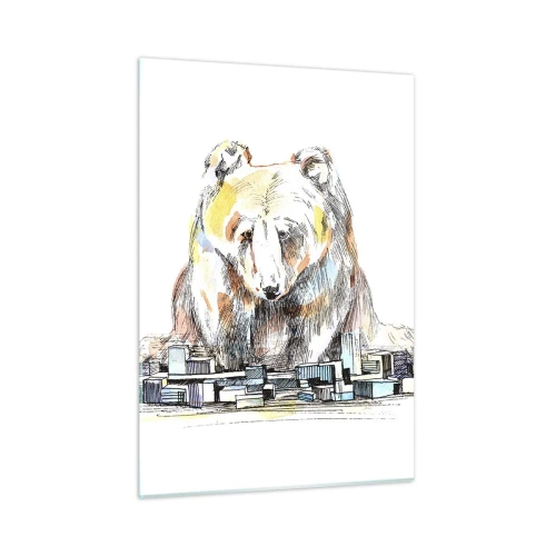 Impression sur verre - Image sur verre - Un ours regardant la ville dans une composition artistique - 50x70cm - Comment peut-on vivre ainsi ? - Décoration murale moderne pour le salon et la chambre ARTTOR
