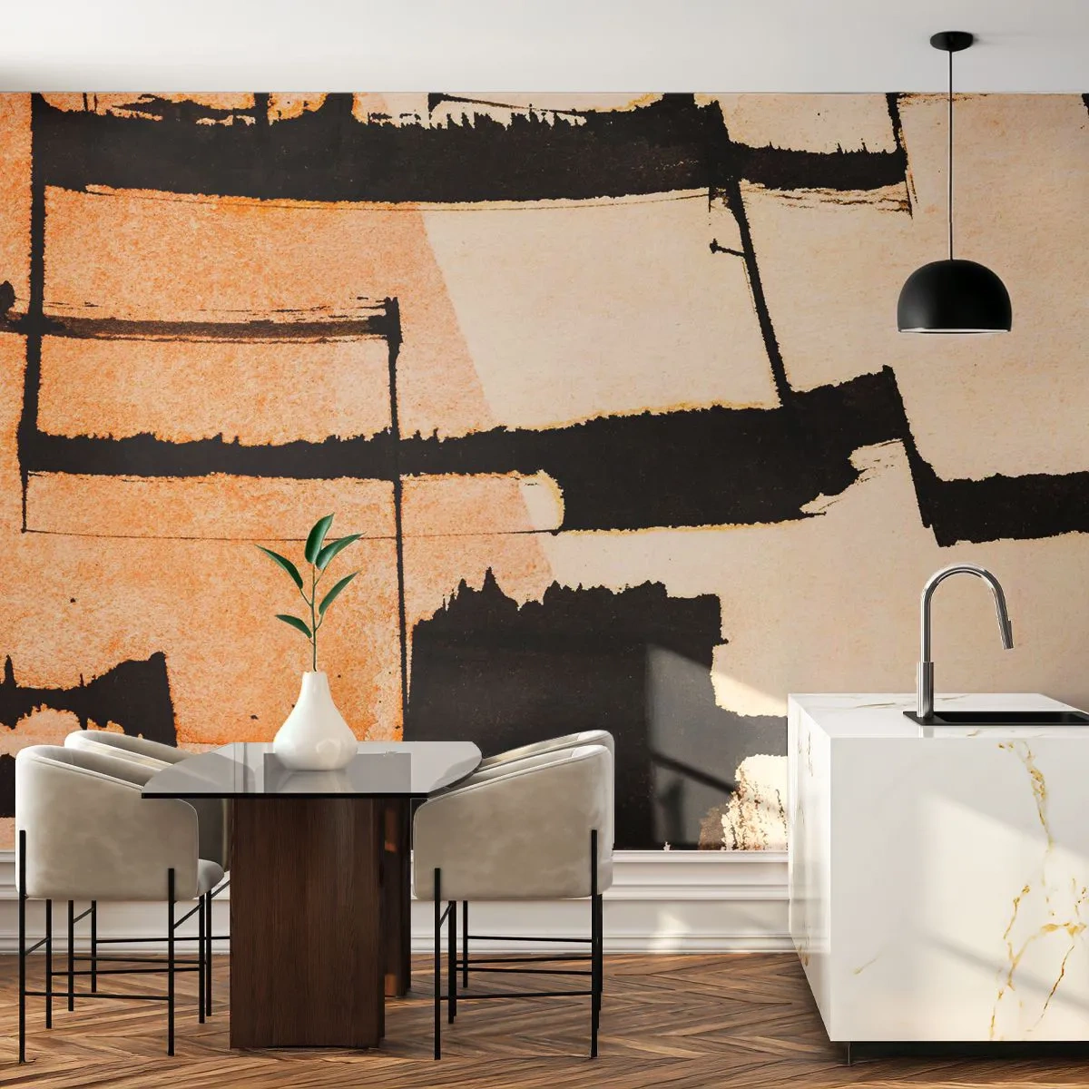 Papier Peint Photo Premium Sand - Formes géométriques beiges et noires dans un style abstrait - 100x70cm - De l’ordre malgré tout - Décoration murale moderne pour le salon et la chambre ARTTOR