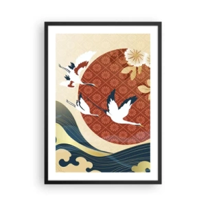 Affiche dans un cadre noir - Poster - Composition japonaise avec des grues, des vagues et un cercle rouge - 50x70cm - Conte japonnais - Décoration murale moderne pour le salon et la chambre ARTTOR