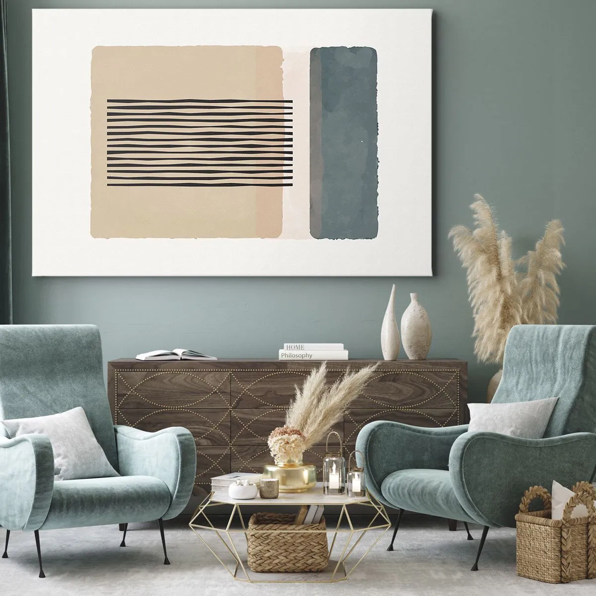 Impression sur toile - Image sur toile - Formes géométriques minimalistes dans des tons beiges et verts - 70x50cm - Tout est en ordre - Décoration murale moderne pour le salon et la chambre ARTTOR