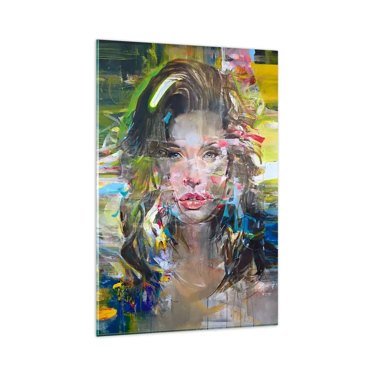 Impression sur verre - Image sur verre - Portrait abstrait d'une femme aux couleurs intenses - 80x120cm - Derrière l'air, un rideau - Décoration murale moderne pour le salon et la chambre ARTTOR