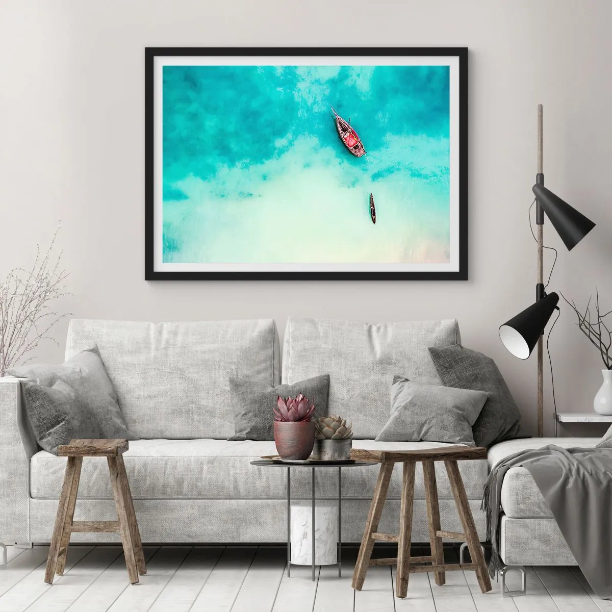 Affiche dans un cadre noir - Poster - Bateaux sur l'eau turquoise vus à vol d'oiseau - 70x50cm - Car sur les plages de Zanzibar, quand il y a un débordement d'eau... - Décoration murale moderne pour le salon et la chambre ARTTOR