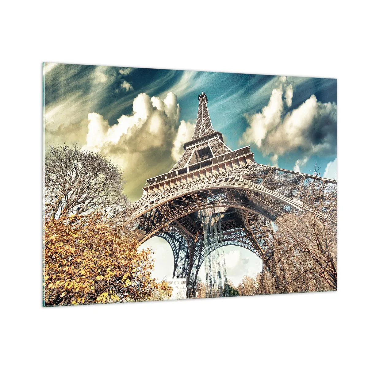 Impression sur verre - Image sur verre - La Tour Eiffel dans un paysage d'automne contre un ciel dynamique - 100x70cm - Et en automne à Paris... - Décoration murale moderne pour le salon et la chambre ARTTOR