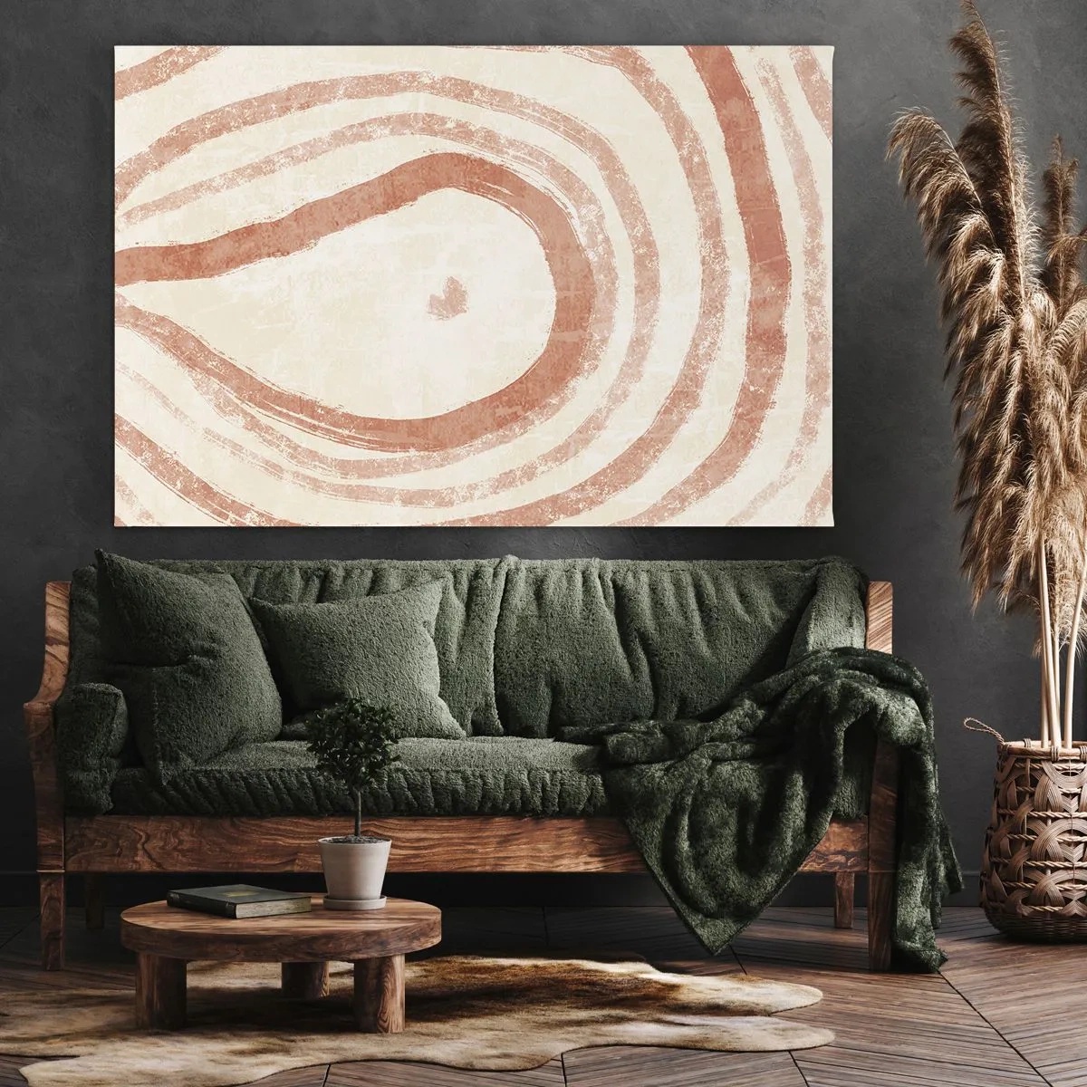 Impression sur toile - Image sur toile - Un motif abstrait de lignes concentriques dans des tons de terre cuite. - 100x70cm - Cercles de corail – composition - Décoration murale moderne pour le salon et la chambre ARTTOR
