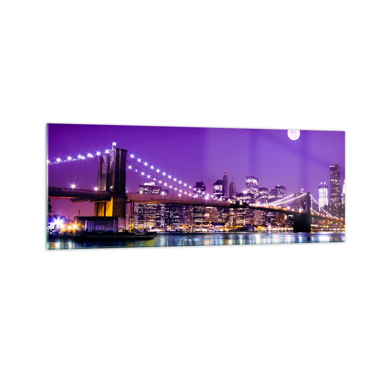 Impression sur verre - Image sur verre - Pont de Brooklyn la nuit avec la ville illuminée et la pleine lune - 140x50cm - Lumières de grande ville en violet - Décoration murale moderne pour le salon et la chambre ARTTOR