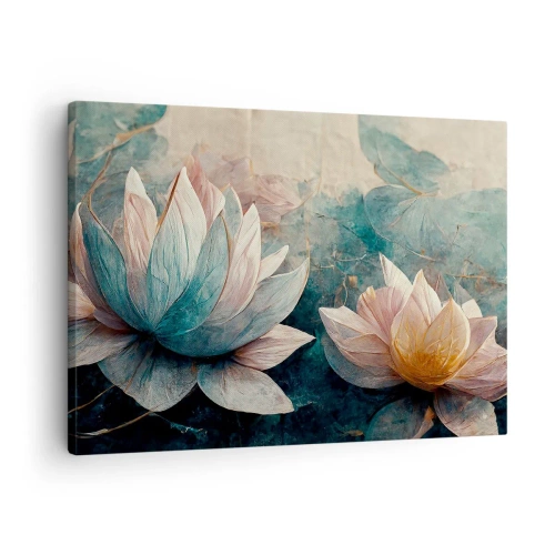 Impression sur toile - Image sur toile - De subtils nénuphars aux tons pastel de bleu et d'or - 70x50cm - Les étoiles du lac - Décoration murale moderne pour le salon et la chambre ARTTOR