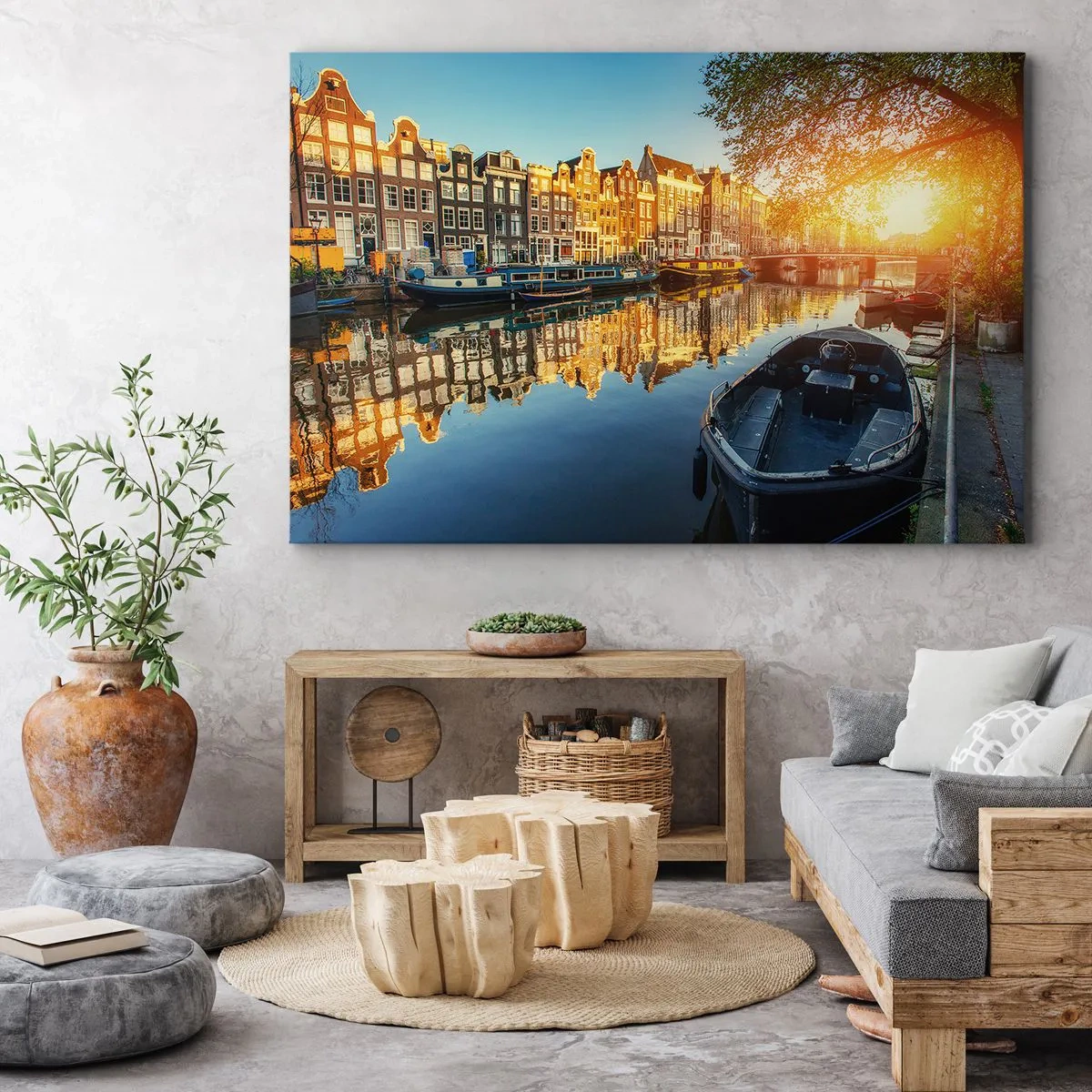 Impression sur toile - Image sur toile - Canal d'Amsterdam au coucher du soleil - 120x80cm - Début de journée à Amsterdam - Décoration murale moderne pour le salon et la chambre ARTTOR