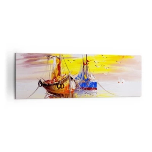 Impression sur toile - Image sur toile - Une scène picturale de bateaux sur une mer calme - 160x50cm - Un repos bien mérité au port - Décoration murale moderne pour le salon et la chambre ARTTOR