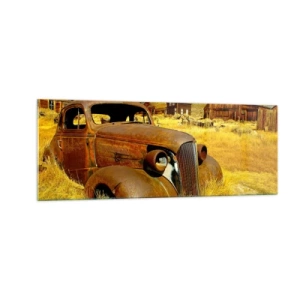 Impression sur verre - Image sur verre - Une vieille voiture rouillée sur fond de cabanes en bois abandonnées - 140x50cm - Repos bien mérité - Décoration murale moderne pour le salon et la chambre ARTTOR