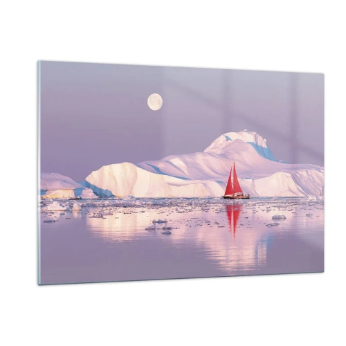 Impression sur verre - Image sur verre - Un voilier sur fond de glaciers au clair de lune - 120x80cm - La chaleur de la voile, le froid de la glace - Décoration murale moderne pour le salon et la chambre ARTTOR