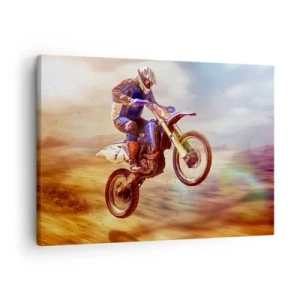 Impression sur toile - Image sur toile - Un motocycliste en vol lors d'une balade dynamique hors route - 70x50cm - Vertiges à moto - Décoration murale moderne pour le salon et la chambre ARTTOR