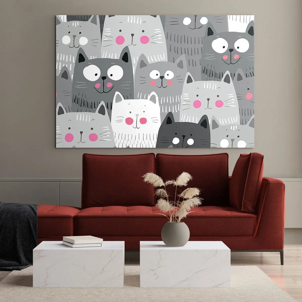 Impression sur verre - Image sur verre - Chats drôles aux couleurs grises sur fond blanc - 70x50cm - Le monde des chats - Décoration murale moderne pour le salon et la chambre ARTTOR