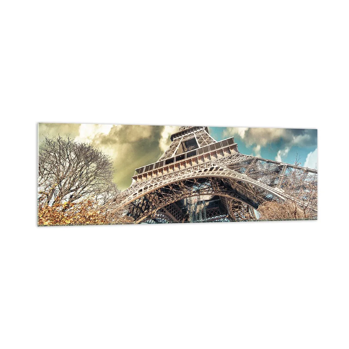 Impression sur verre - Image sur verre - La Tour Eiffel vue d'en bas dans un décor automnal - 160x50cm - Et en automne à Paris... - Décoration murale moderne pour le salon et la chambre ARTTOR