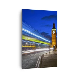 Impression sur toile - Image sur toile - Big Ben la nuit avec l'effet des lumières dans la circulation routière - 80x120cm - Sous l'œil de Big Ben - Décoration murale moderne pour le salon et la chambre ARTTOR