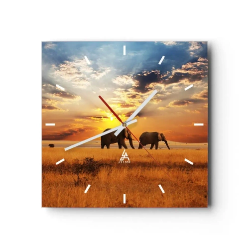 Horloge murale - Pendule murale - Éléphants dans la savane au coucher du soleil - 30x30cm - Déambulation familliale - Décoration murale moderne pour le salon et la chambre ARTTOR