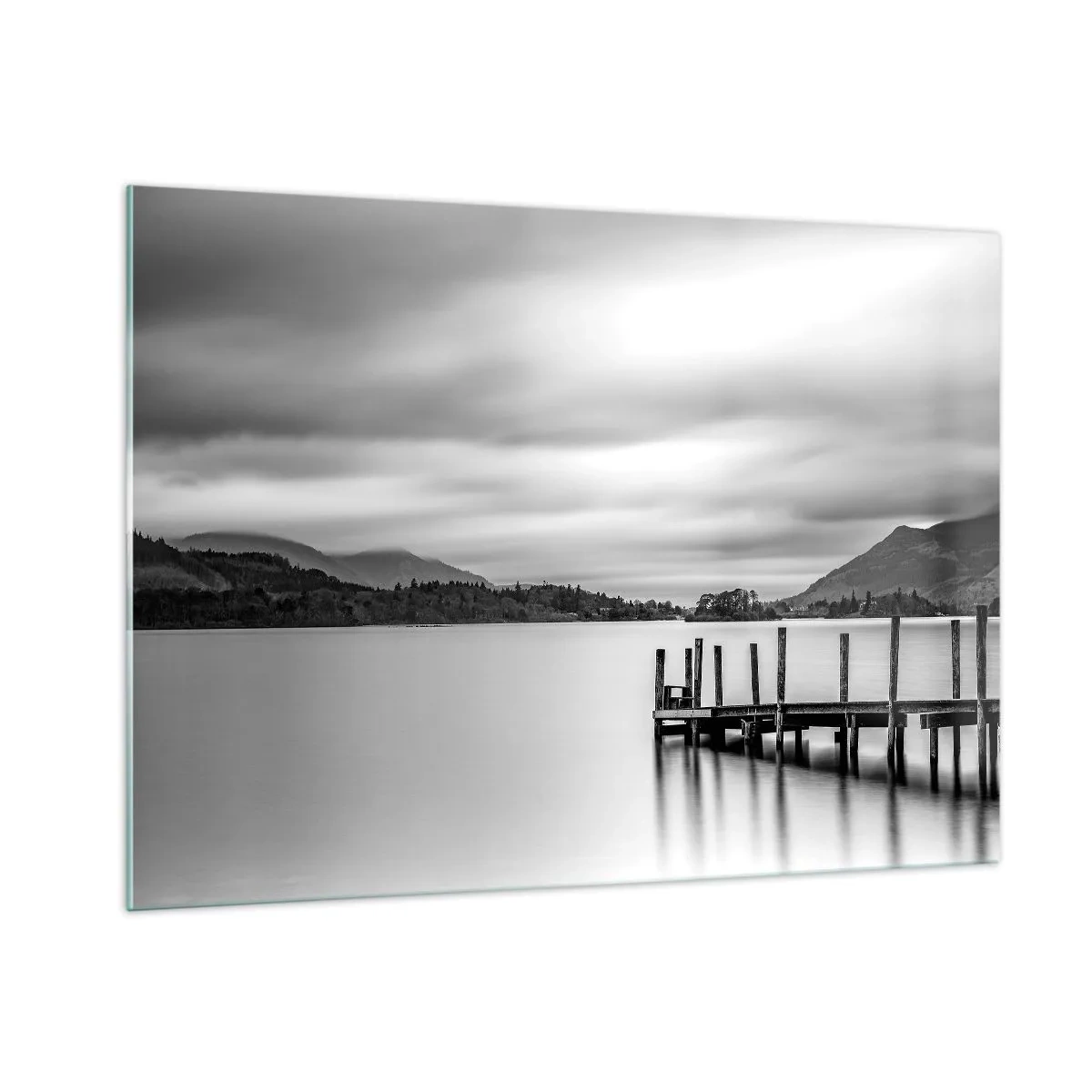 Impression sur verre - Image sur verre - Paysage noir et blanc avec un lac et une jetée en bois - 100x70cm - Douceur et force - Décoration murale moderne pour le salon et la chambre ARTTOR