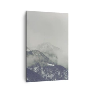Impression sur toile - Image sur toile - Une vallée de montagne enveloppée de brume dans des nuances de gris - 80x120cm - Vallée brumeuse - Décoration murale moderne pour le salon et la chambre ARTTOR