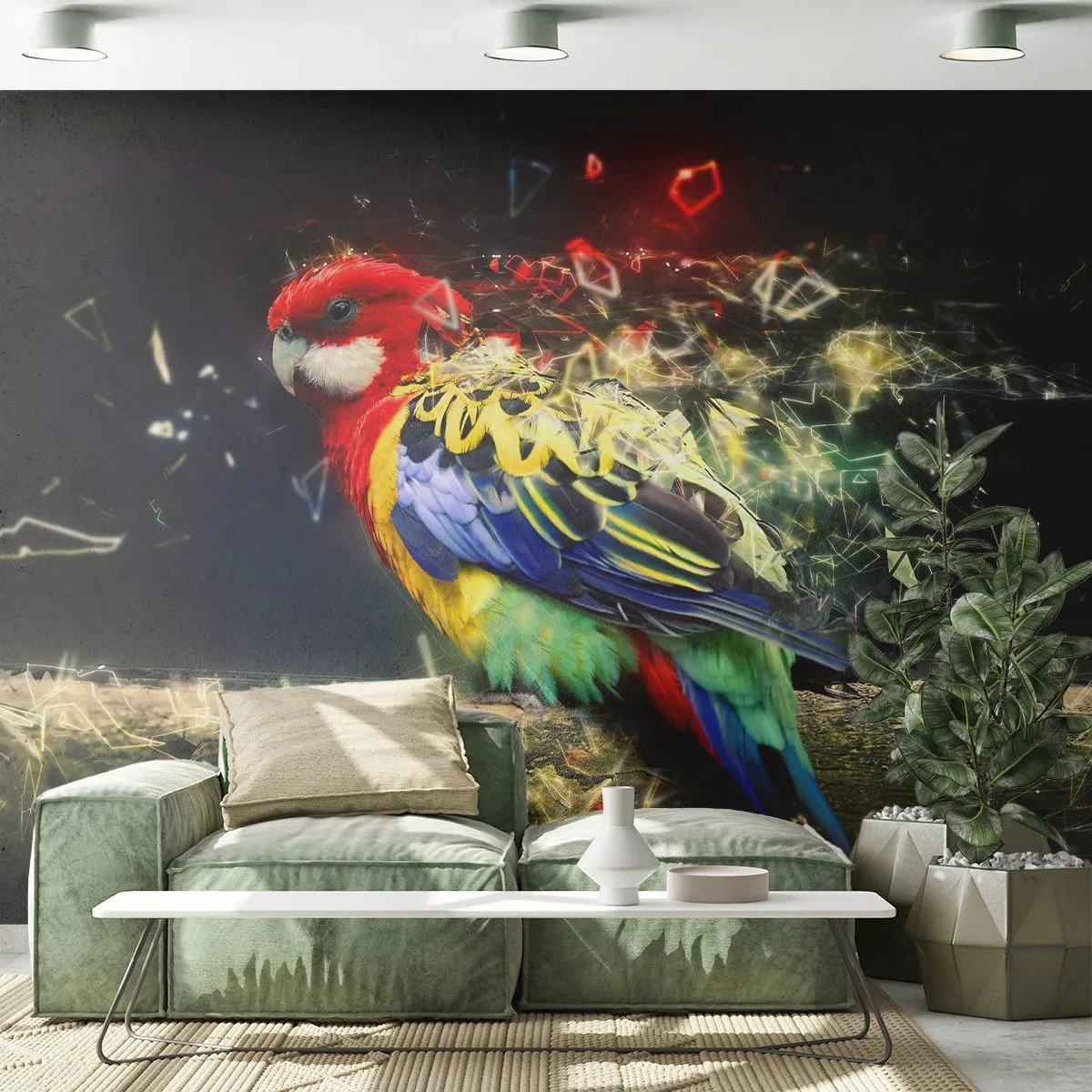 Papier Peint Photo Premium Sand - Perroquet coloré avec un effet de dispersion sur un fond sombre - 100x70cm - Messager d'éclat - Décoration murale moderne pour le salon et la chambre ARTTOR