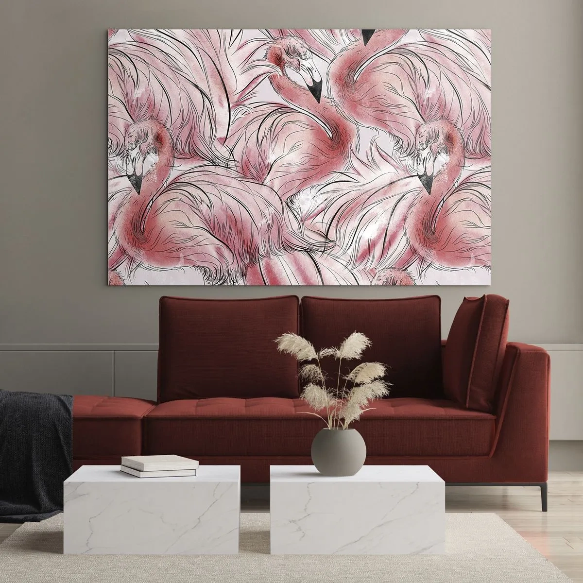 Impression sur verre - Image sur verre - Flamants roses dans un style de dessin animé décoratif - 70x50cm - Oiseau corps de ballet - Décoration murale moderne pour le salon et la chambre ARTTOR