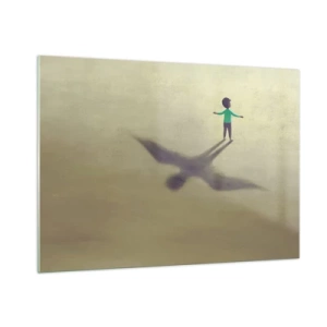 Impression sur verre - Image sur verre - Un garçon avec une ombre en forme d'oiseau sur un fond beige - 100x70cm - Héros du futur - Décoration murale moderne pour le salon et la chambre ARTTOR
