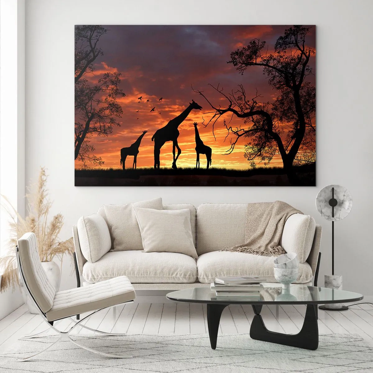 Impression sur verre - Image sur verre - Silhouettes de girafes sur fond de coucher de soleil dans un paysage africain - 70x50cm - Un petit dîner avec vos proches - Décoration murale moderne pour le salon et la chambre ARTTOR