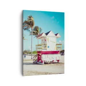 Impression sur toile - Image sur toile - Une plage avec des palmiers et une tour de sauvetage en arrière-plan - 50x70cm - Une belle journée devant toi - Décoration murale moderne pour le salon et la chambre ARTTOR