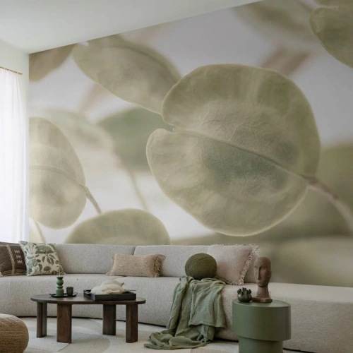 Papier Peint Photo Standard Eco - Feuilles vert clair délicates sur fond clair - 100x70cm - Au commencement il y avait des feuilles... - Décoration murale moderne pour le salon et la chambre ARTTOR