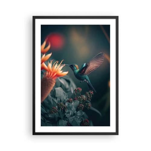 Affiche dans un cadre noir - Poster - Un colibri coloré près des fleurs parmi la verdure - 50x70cm - une vie vraiment colorée - Décoration murale moderne pour le salon et la chambre ARTTOR