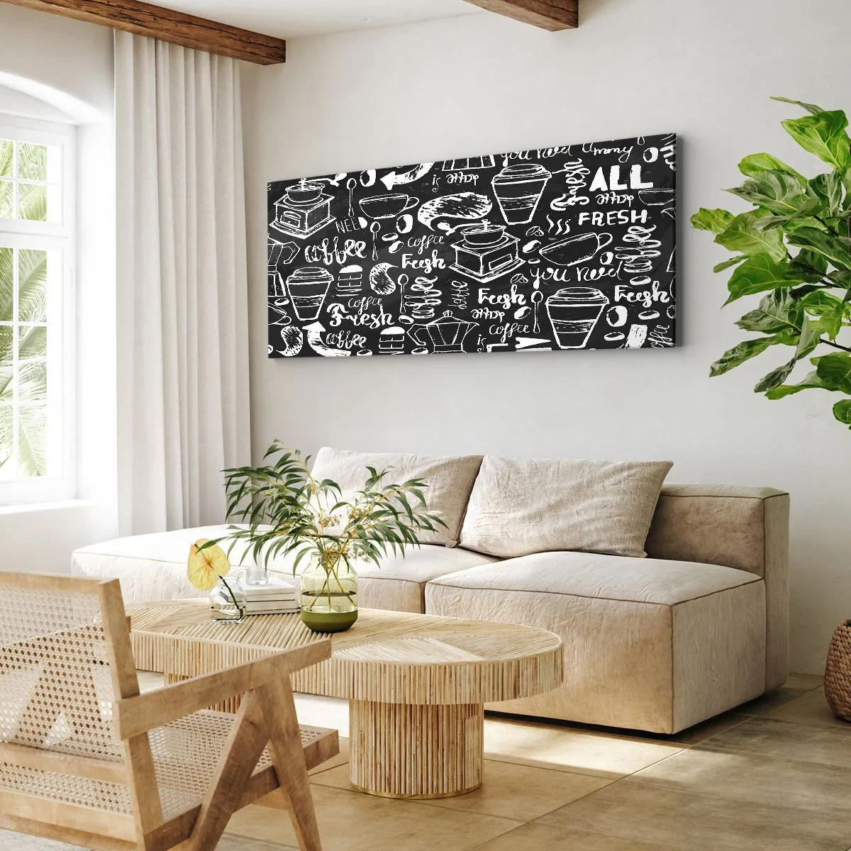 Impression sur toile - Image sur toile - Graphiques de café élégants sur fond noir - 120x50cm - Tout ce dont tu as besoin c'est… - Décoration murale moderne pour le salon et la chambre ARTTOR