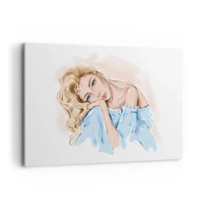 Impression sur toile - Image sur toile - Portrait d'une femme en robe bleue aux cheveux blonds - 120x80cm - Rêveuse en bleu - Décoration murale moderne pour le salon et la chambre ARTTOR