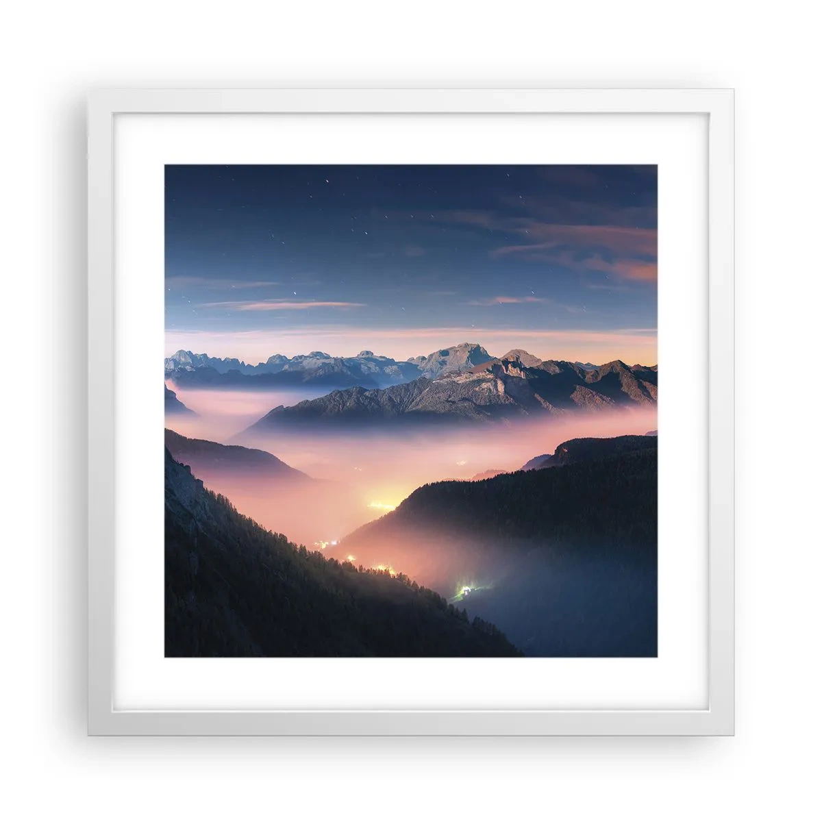 Affiche dans un cadre blanc - Poster - Lumière dans les vallées - 40x40 cm