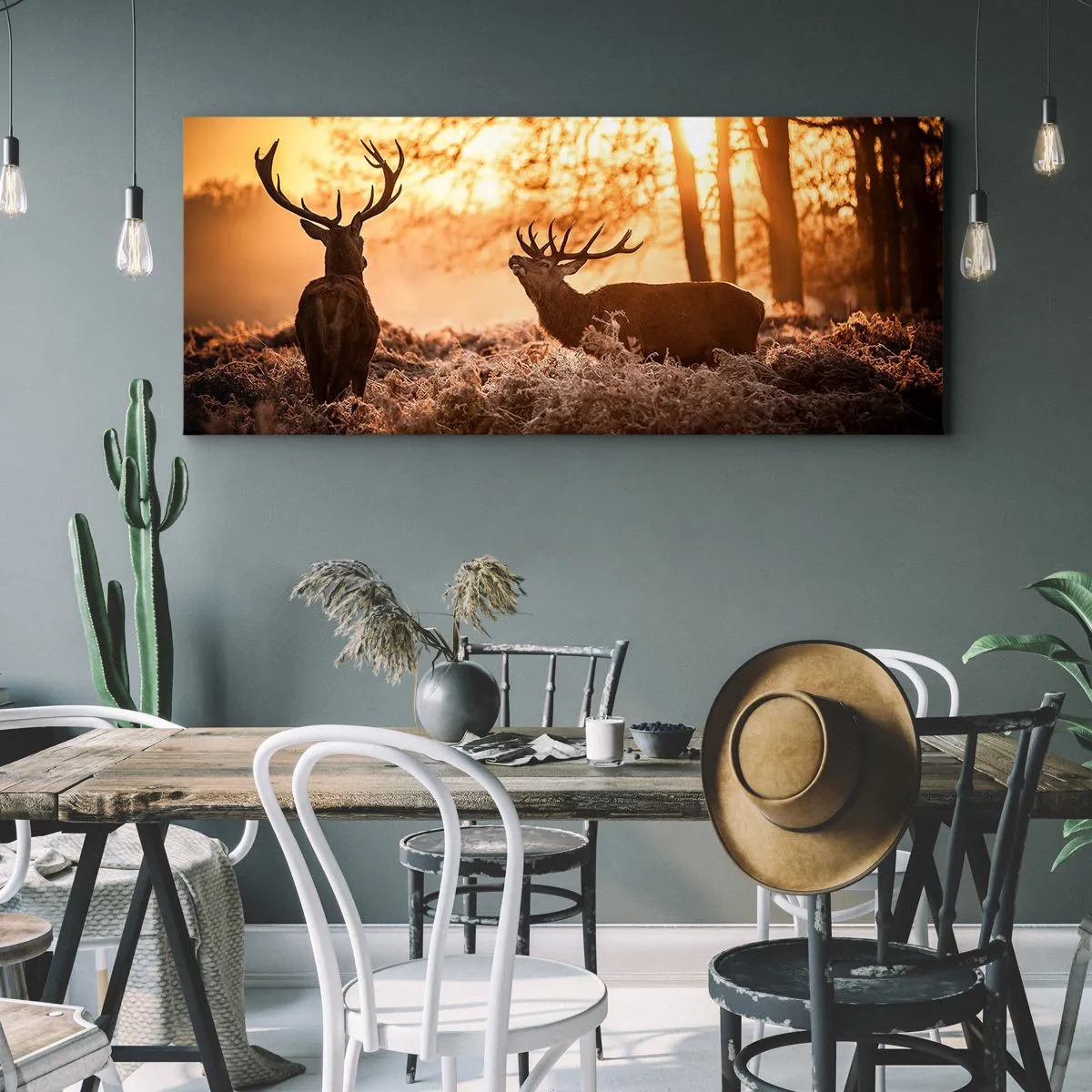 Impression sur toile - Image sur toile - Deux cerfs au coucher du soleil dans un paysage hivernal - 140x50cm - Le rêve d'un chasseur - Décoration murale moderne pour le salon et la chambre ARTTOR