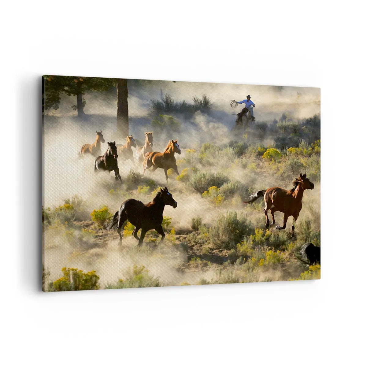 Impression sur toile - Image sur toile - Un troupeau de chevaux sauvages galopant à travers la poussière et la végétation - 100x70cm - Rivalité - liberté ou force masculine ? - Décoration murale moderne pour le salon et la chambre ARTTOR