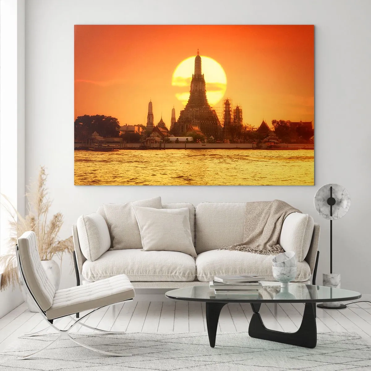 Impression sur verre - Image sur verre - Temple au coucher du soleil sur la rivière - 120x80cm - Vers le soleil, toujours vers le soleil - Décoration murale moderne pour le salon et la chambre ARTTOR