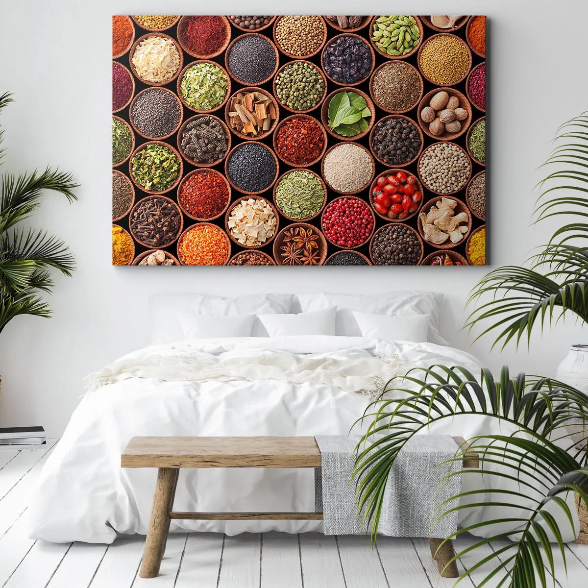 Impression sur toile - Image sur toile - Épices colorées dans des récipients ronds - 120x80cm - Toutes les saveurs du monde - Décoration murale moderne pour le salon et la chambre ARTTOR