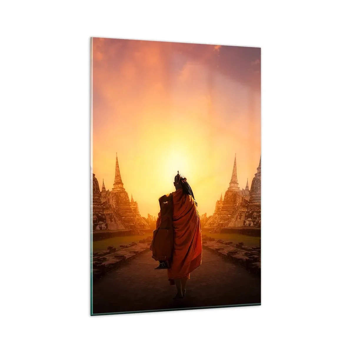 Impression sur verre - Image sur verre - Un moine parmi les temples au coucher du soleil - 80x120cm - En paix pour l'éternité - Décoration murale moderne pour le salon et la chambre ARTTOR