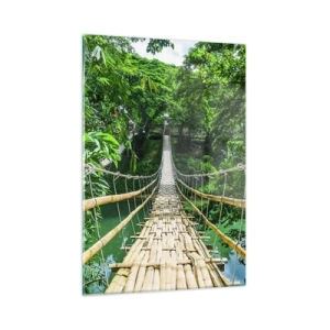 Impression sur verre - Image sur verre - Un pont en bambou suspendu au milieu de la verdure tropicale au-dessus d'une rivière - 50x70cm - Pont de singe en pleine nature - Décoration murale moderne pour le salon et la chambre ARTTOR