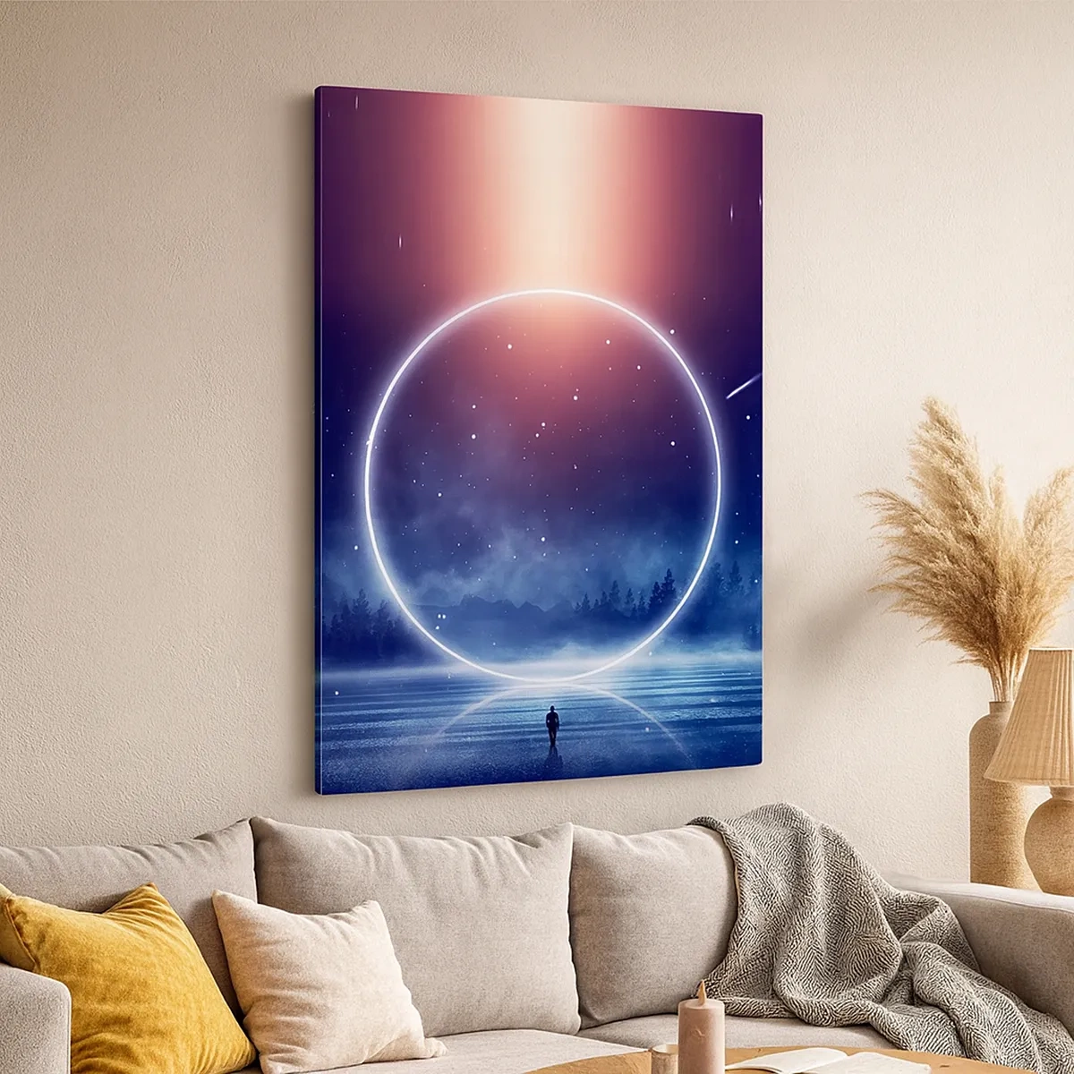 Impression sur toile - Image sur toile - Un paysage magique avec une silhouette et un cercle de lumière la nuit - 50x70cm - Ils sont déjà là... - Décoration murale moderne pour le salon et la chambre ARTTOR