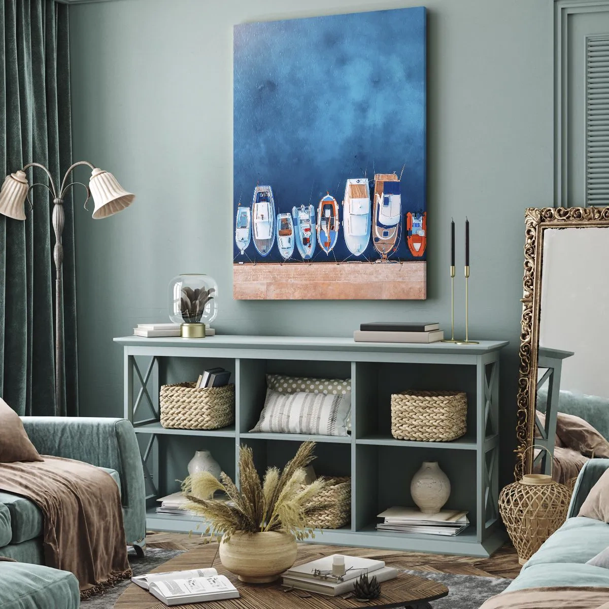Impression sur toile - Image sur toile - Bateaux amarrés au rivage contre l'eau bleue - 50x70cm - En une seule fois - Décoration murale moderne pour le salon et la chambre ARTTOR