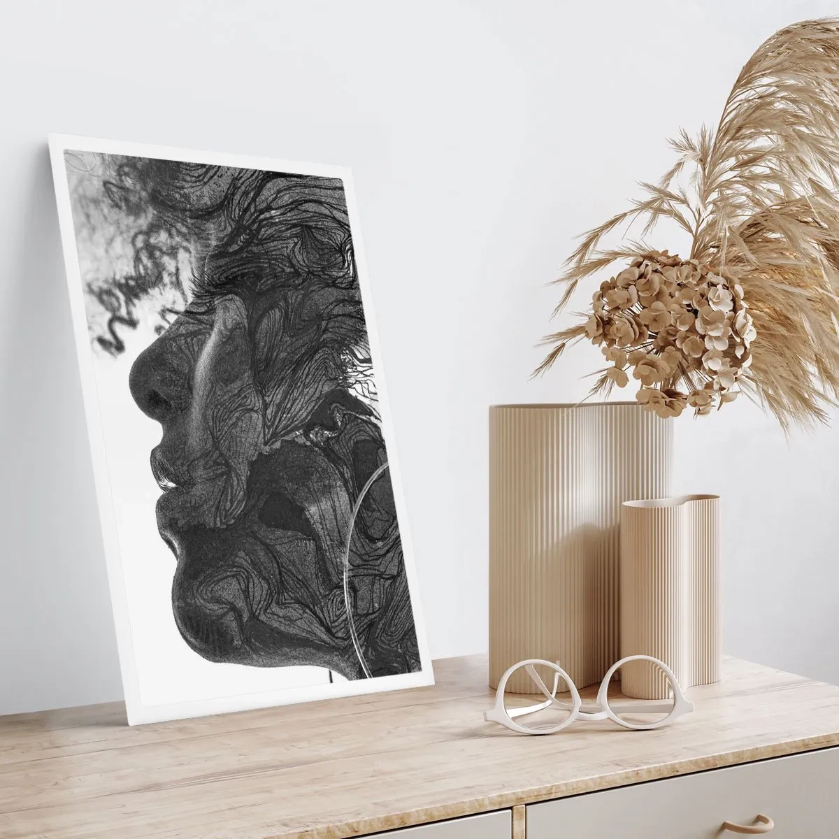 Affiche - Poster - Profil du visage d'une femme avec des motifs et des détails abstraits - 50x70cm - Emmêlé dans les rêves - Décoration murale moderne pour le salon et la chambre ARTTOR